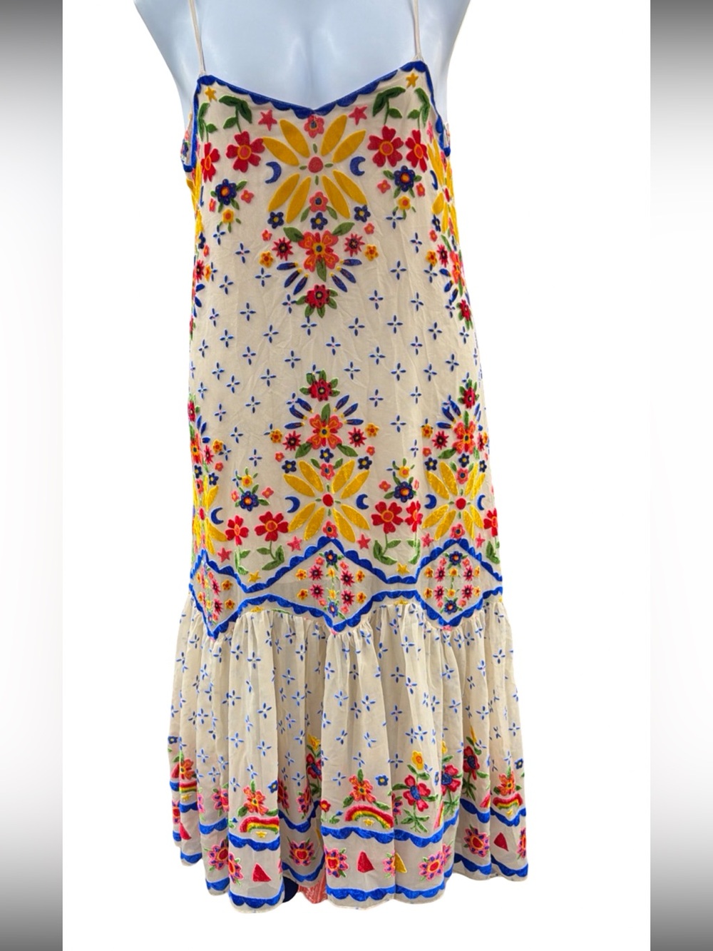 Free People Embroidered Midi Dress Cream Multicolor Floral Boho Slip Festival